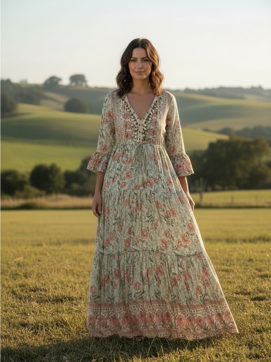 SVF Dresses & Skirts - FLAW-SVF Boho Floral Tiered Maxi Dress Cowrie Shell V- Neck Size L / UK 12/US 8